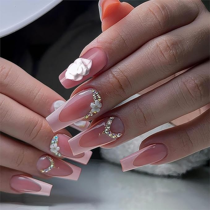 Coffin Press on Nails Long Square Fake Nails Pink French Tip Acrylic Nails with Cute Flower and Rhinestones Designs False Nails Glossy Glue on Nail Full Cover Artificial Nail for Women Girls 24Pcs