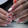 Coffin Press on Nails Long Square Fake Nails Pink French Tip Acrylic Nails with Cute Flower and Rhinestones Designs False Nails Glossy Glue on Nail Full Cover Artificial Nail for Women Girls 24Pcs