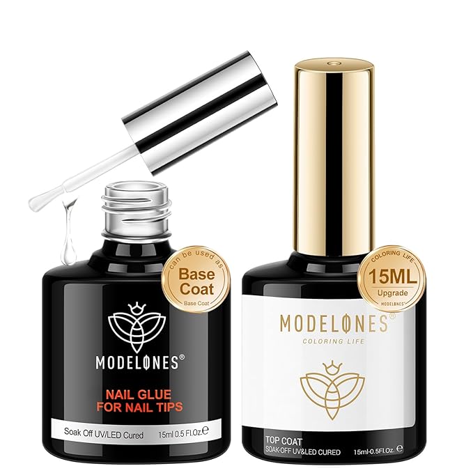 modelones Gel Nail Glue 9 in One Base Gel and No Wipe Top Coat Set 2Pcs for Gel Nail Polish Adhesive Nail Extension Gel Rhinestone Glue Nail Art LED Need 15ml