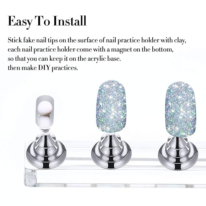 Blulu 6 Sets Magnetic Nail Tip Display Holder Acrylic Display Stand Nail Tip Practice Art Training Stand for DIY Manicure Fingernail Salon(Silver)