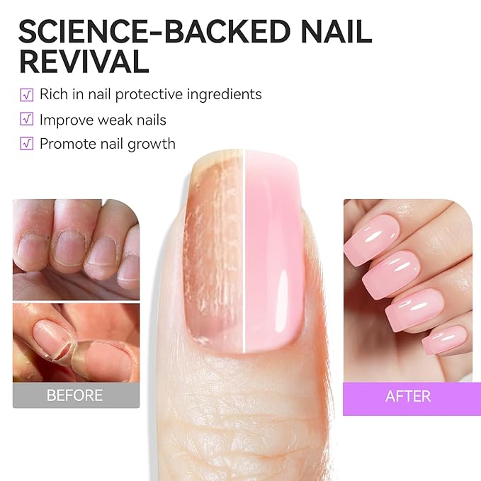 Gelike EC Nail Growth Treatment: Milky Pink 15ml Natural Nail Strengthener for Weak and Damaged Nails - Protein Nail Hardener for Home Salon Outdoor