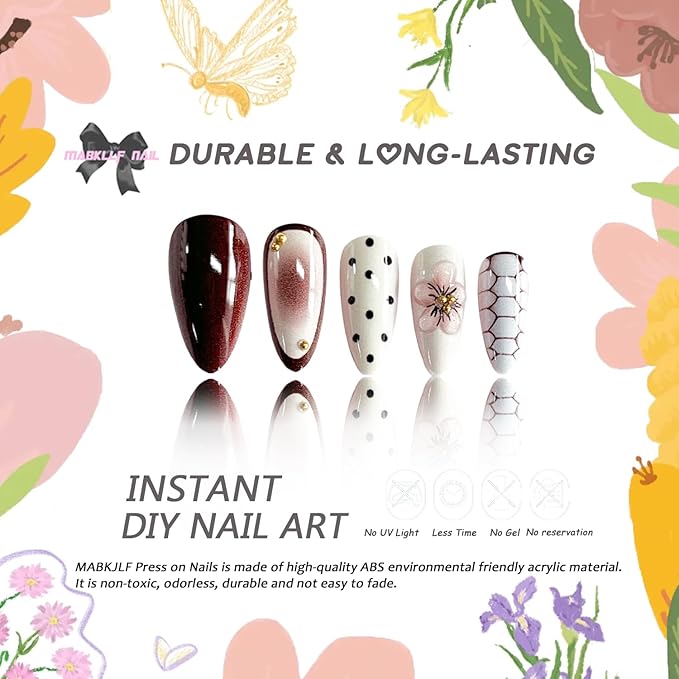 Press on Nails Medium Almond MABKJLF Fake Nails Floral False Nails with Polka Dots Flower Designs Brown&White Glossy Glue on Nail Fall Acrylic Nails for Women Girls 24Pcs
