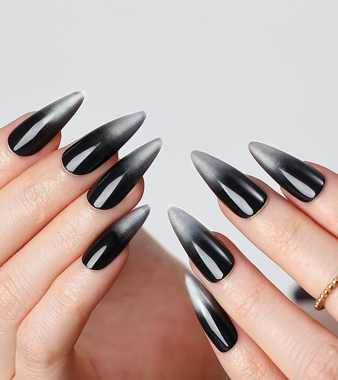 Morily Black Stiletto Press on Nails, 24Pcs Chrome Ombre Fake Nails Medium Length Glossy Artificial False Nails with Designs Long Reusable Stick on Nails for Women