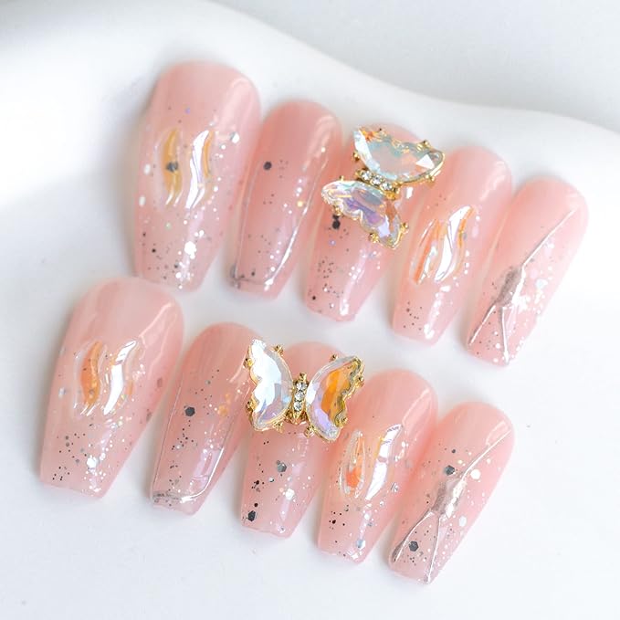 Sun&Beam Nails Handmade Long Coffin Ballerina Pink False Nail Tips with Cute 3D Spinning Butterfly Popular Charm Design Press On 10 Pcs (#45 XS), FN-HM-045-XS.AU