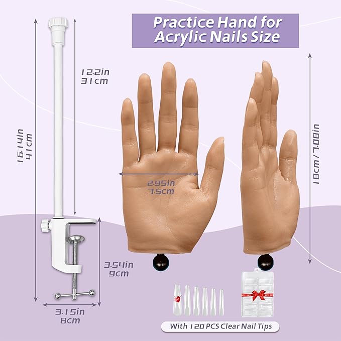 Practice Hand for Acrylic Nails,Realistic Silicone Training Hand with Flexible Fingers for Nail Art Practice,Professional Mannequin Hand Model Kit for Gel Polish & Manicure Beginners