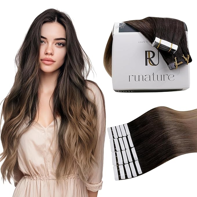 RUNATURE 24 Inch Tape in Hair Extensions Human Hair, Long Straight Hair, Tape in Extensions Dark Brown With Light Brown to Blonde, Remy Soft Hair, Can Be Styled