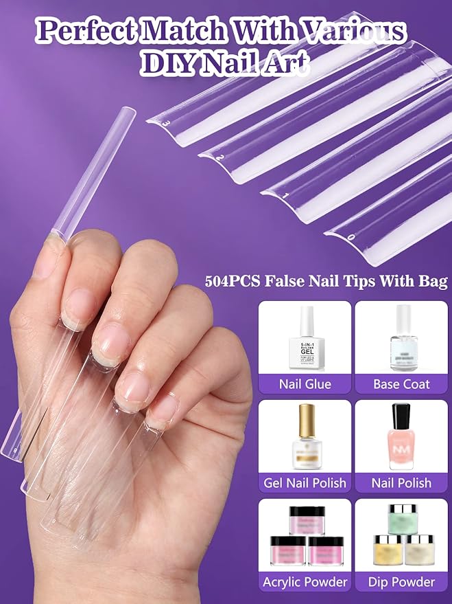 504PCS XXL Square No C Curve Nail Tips for Acrylic Nails Professional, Clear Tapered Square Straight Half Cover Extra Long Fake Nails, Ballerina Coffin Nails Tips for Salons DIY Nail Art