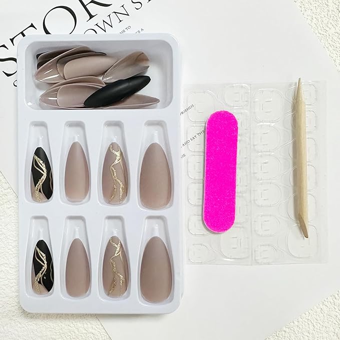 Almond Press on Nails Medium Fake Nails with Designs Brown Black False Nails Press ons Gold Foil Matte Full Cover Acrylic Glue on Nails Cute Artificial Stick on for Women Decorations 24Pcs