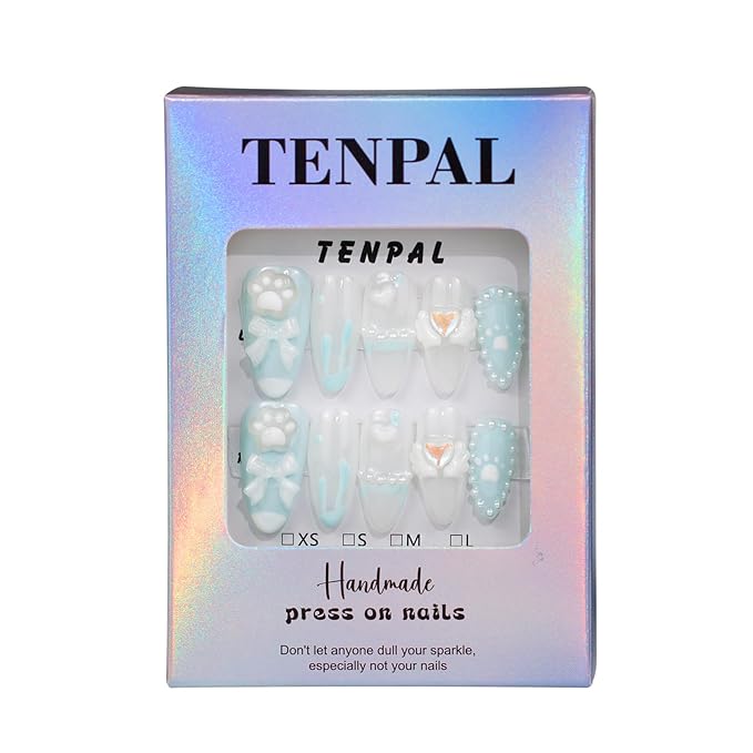 Sky Blue Press on Nails Medium Almond,Full Cover Fake Nails With 3D Charms Bow Pearls Love Designs,10pcs/Box Handmade Sweet Cool Cute Short Nails Press ons For Women Girls(XS)