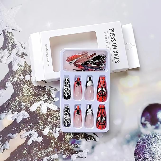 24 Pcs Halloween Fake Nails Long Black Spider Web Press on Nails Black Red French Tip False Nails Full Cover Halloween Glue on Nails Square Artificial Nails Halloween Acrylic Stick on Nails for Women