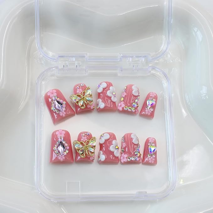 10Pcs Flower Butterfly Press on Nails Handmade Duck Fake Nails with 3D Flower Butterfly Rhinestone Design Pink False Nails Short Acrylic Nails Press ons Cute Handmade Glue on Nail for Women (M)