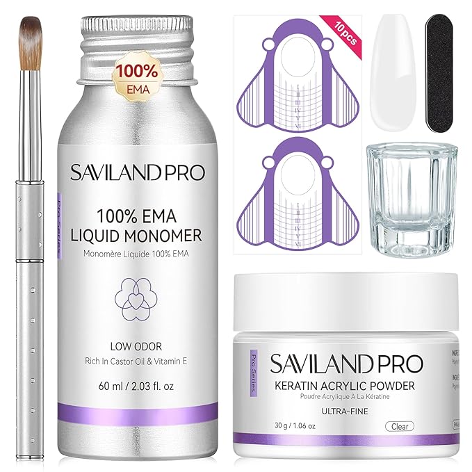 SAVILAND Acrylic Nail Kit Low Odor: Bio-Sourced Nail Kit Acrylic Set with Bio-Based Keratin Clear Powder and Liquid Set Size 12 Kolinsky Brush File Forms & Tools for Professionals Home Salon Manicure