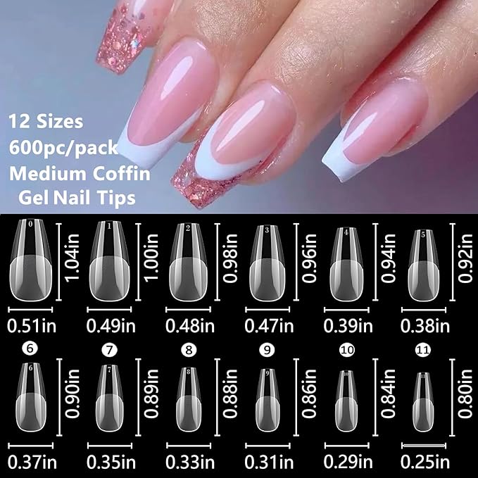 LoveOurHome 600pc Coffin Fake Nail Tips Clear Press on Nails Medium, Full Cover Gel Nail Tips Coffin Clear Medium Fake Nail Soft Gel False Nails Artificial Fingernails for Acrylic Nails Extension