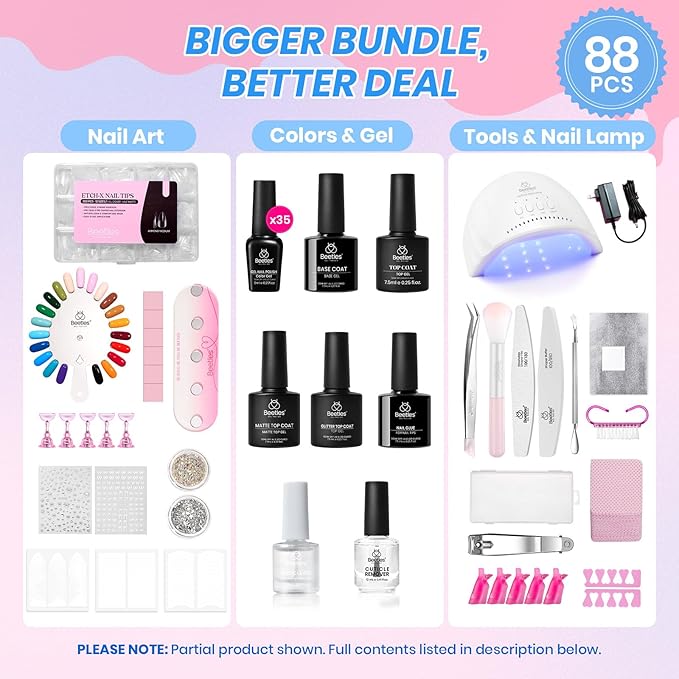 Beetles Deal Box Gel Nail Polish Kit with U V Light - 35 Colors Gel Polish 288 Pcs Almond Nail Tips 88 Pcs Nails Kit with TPO&HEMA Free Base Matte/Glossy/Glitter Top Coat DIY Gifts for Women