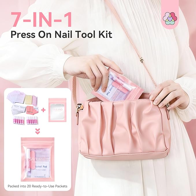 SAVILAND 20PCS Press on Nail Kit: Press On Nail Packaging with Nail File Glue Prep Pads Adhesive Tabs Acrylic Sticks Instruction Cards Pink Bags Nail Prep Application Supplies Manicure Disposable Kit