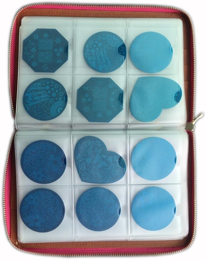 Nail Art Stamping Plate Holder Storage Bag Cases Stamp Bag Organizer Rectangular Round Organizer Holder Zipper Carrying Case 240 Slots (Pink)
