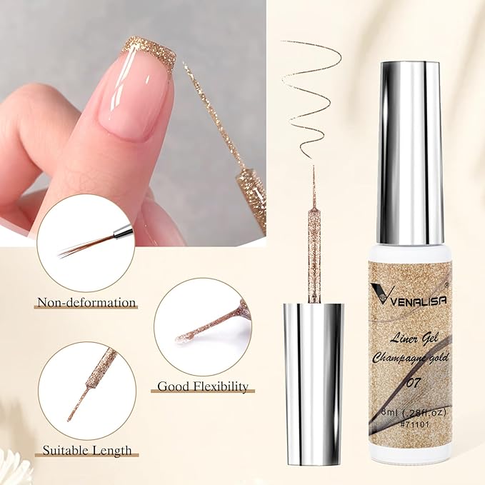 VENALISA Liner Gel Nail Polish 8ML 1 Pcs Gold Gel Polish With Thin Brush For French Nail Art Swirls Nail Design Soak Off UV Gel DIY at Home Manicure Salon