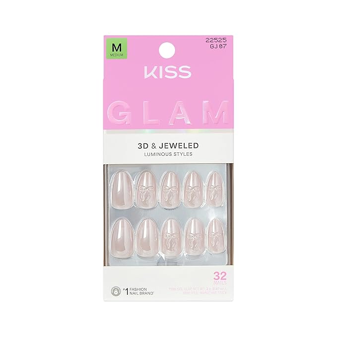 KISS GLAM, Press On Nails, Nail glue included, 'Ripple', Pink, Medium Size, Almond Shape, Includes 32 Nails, 2g Glue, 1 Manicure Stick, 1 Mini File