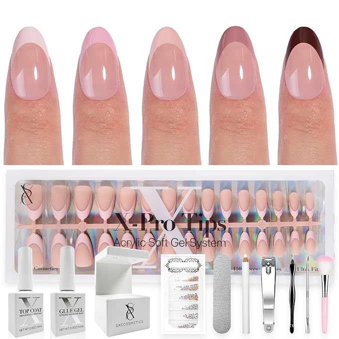 SXC Cosmetics French Tip Press On Nails - Skin Tone Nude and Color Series, Short Almond X-Pro Tips