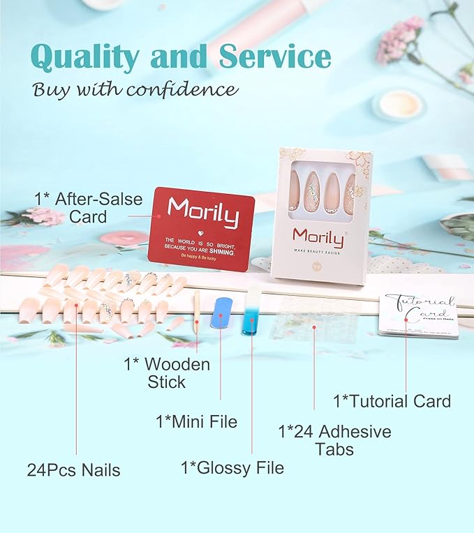 Morily 24pcs Fake Nails Ombre Ballerina Long Crystal Rhinestones Luxury Coffin Press on Nail False Tips Artificial Finger Manicure for Women (French Shinning)