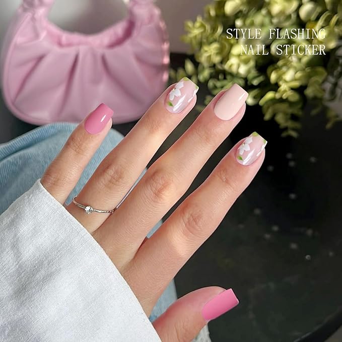 JMEOWIO Gel Nail Stickers White Flower Semi Cured Gel Nail Strips Wraps UV/LED Nails Art Design Decoration Accessories