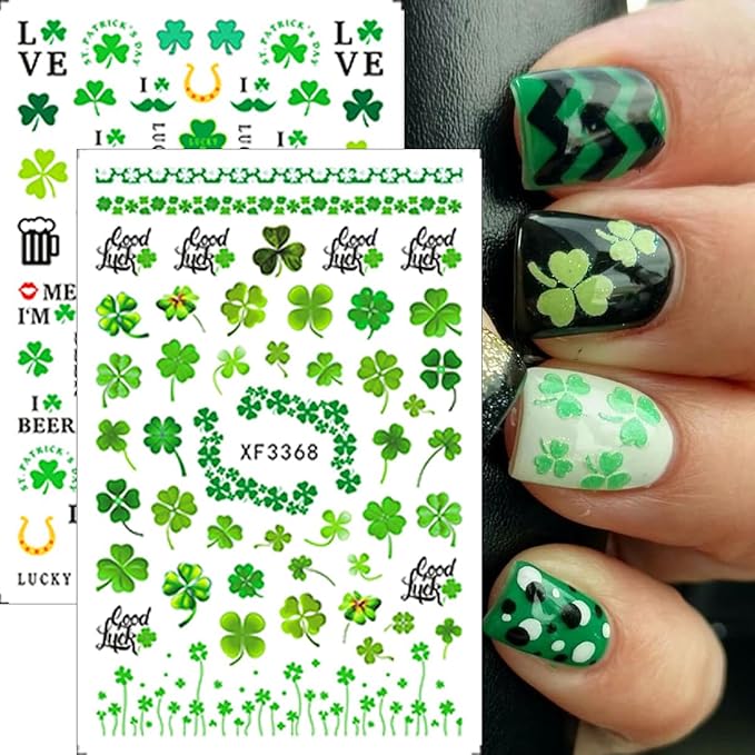 St. Patrick's Day Nail Stickers for Nail Art Lucky Shamrock Nail Art Stickers 3D Self Adhesive Green Four Leaf Clover Nail Decals Spring Summer Cute Nail Design Supplies for Women Manicure 8Sheets