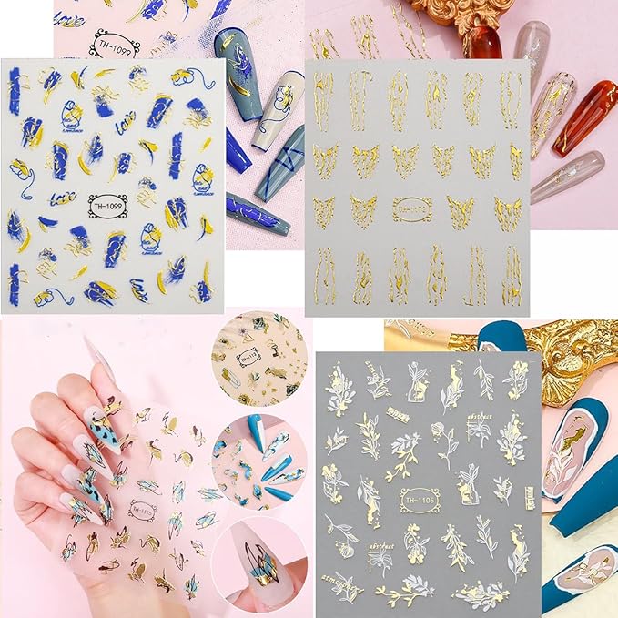 12 Sheets Graffiti Nail Art Stickers 3D White Black Gold Stripe Line Nail Decals Self-Adhesive Abstract Marble Wave Flower Leaf Stickers for Nail DIY Decoration Nail Accessories for Women French Nail