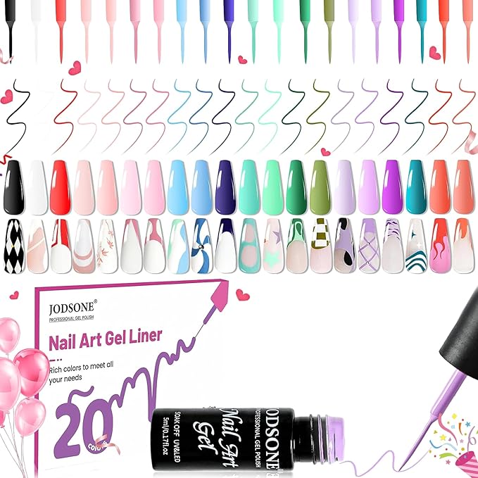 JODSONE Gel Polish Nail Art Gel Liner Set 20 Colors Red Pink Blue Purple with Thin Brush Need U V Lamp Cured Gift for Girls at Home Salon Design,Valentines Gifts for Women