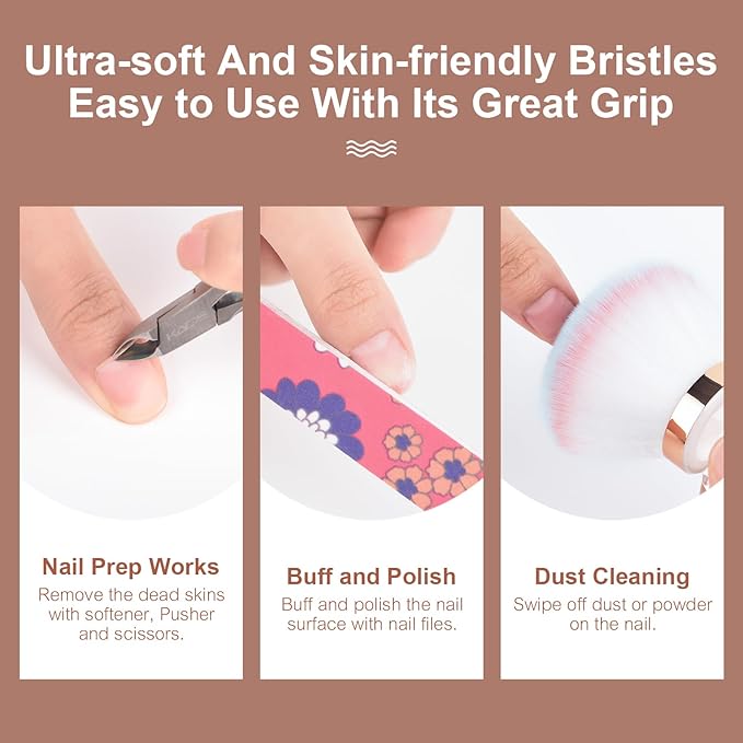 KADS Nail Dust Brush Makeup Brush Flower Shape Crystal Base Nail Cleaning Brush Manicure Pedciure Brush Tool (Two Brown Flat Head)