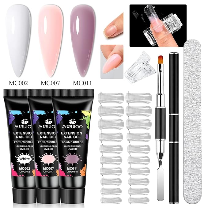 Poly Nail Gel Starter Kit, 7 Pcs White Pink Purple Builder Gel Extension Kit for Beginners Poly Extension Enhancement Builder Nail Manicure Salon French Art DIY