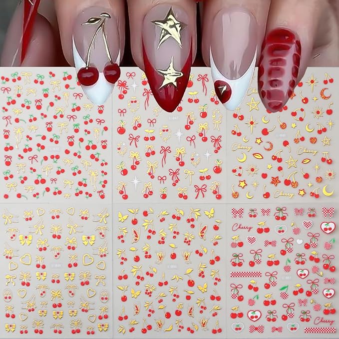 6 Sheets Cherry Nail Art Stickers 3D Valentines Nail Stickers Self-Adhesive Cute Cherries with Gold Heart Bow Nail Designs Supplies Summer Fruit Nails Decals for Women DIY Manicure Decor