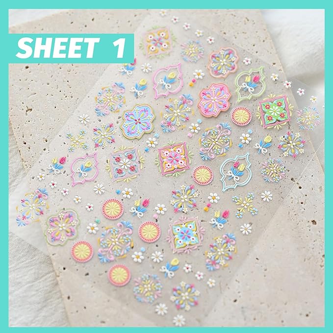 Colorful Bohemian Nail Art Stickers, Summer Spring Flower Nail Decals, Self-Adhesive, Nail Accessories for Women, Nail Decorations 3 Sheets