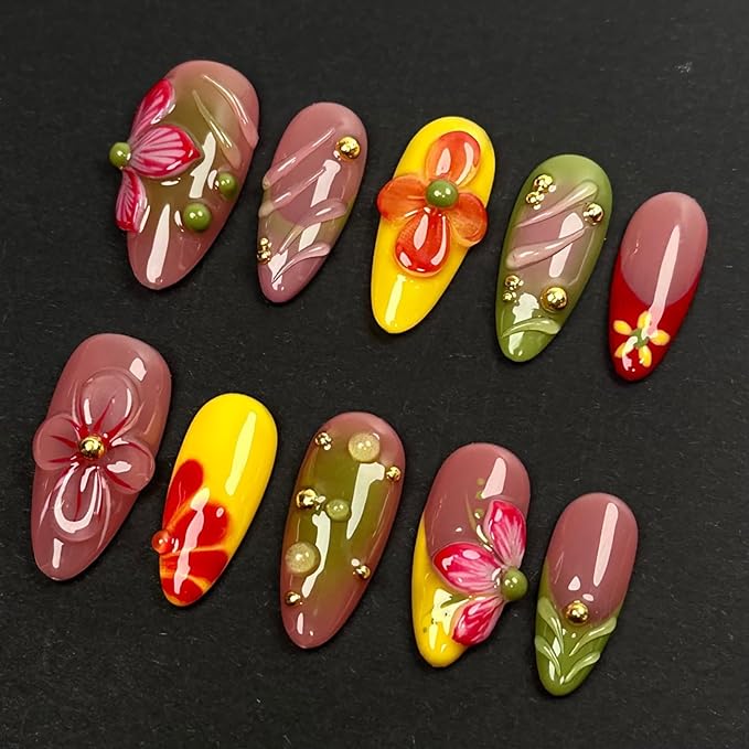 Luxury Press on Nails Medium Almond Handmade 3D Unique Reusable ABS Material Fake Nails French Tip False Nails with Designs Flower Water Drop Art Petal Glossy Glue on Nails Thick Acrylic Nails(S)