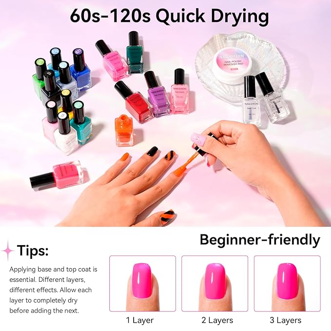 Nail Polish 10ml 16 Colors Rainbow Air Dry Regular Nail Polish Set with Base Top Coat & Remover Pads| White Red Classic French Fingernail Polishes Non-gel Bulk Gift for Nail Art Lovers