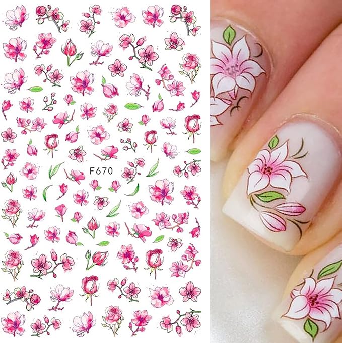 Cherry Blossom Nail Stickers, 3D Pink Flowers Nail Self-Adhesive Sticker Designs, Spring Red Plum Peach Leaf Dry Floral Nail Decals Supplies for Women DIY Manicure Flower Nail Decorations