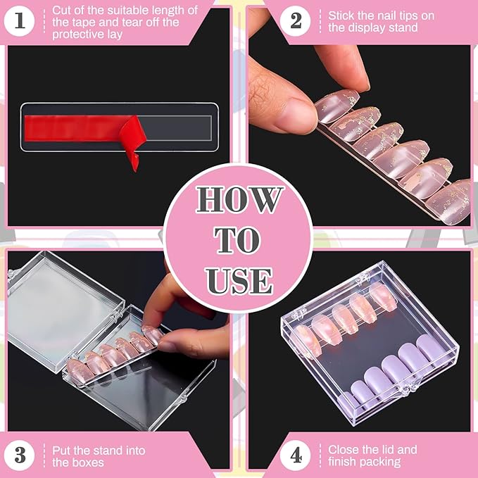 66 Pcs Artificial Nail Storage Box and Nail Art Display Stand Holder Set, 15 Plastic False Nail Packaging Boxes 50 Clear Press on Nail Stand with 5 M Double Sided Tape for Acrylic Nails Practice Salon