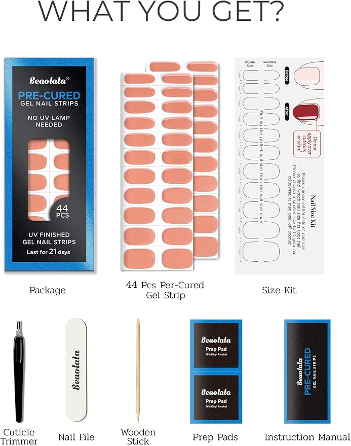 Real Gel Nail Strips (No UV Light Needed) - 44Pcs Salon Quality Nail Stickers - Long Lasting Polish Wraps for Women, Easy Apply & Remove (Coral Orange)