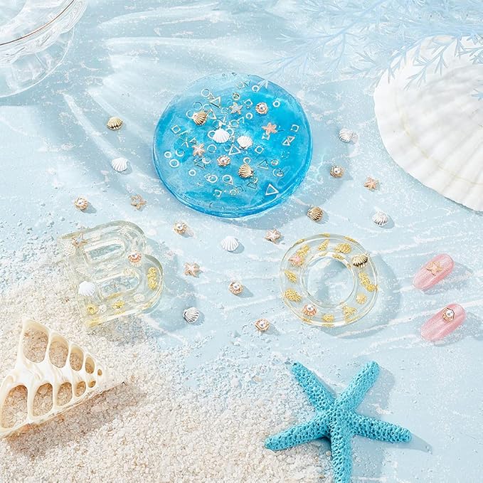 OLYCRAFT 45pcs 9 Style Starfish Shell Resin Fillers Alloy Enamel Cabochons Ocean Nail Art Decorations Resin Accessories Supplies for Jewelry Making Nail Art Decoration - Gold & Silver & Rose Gold
