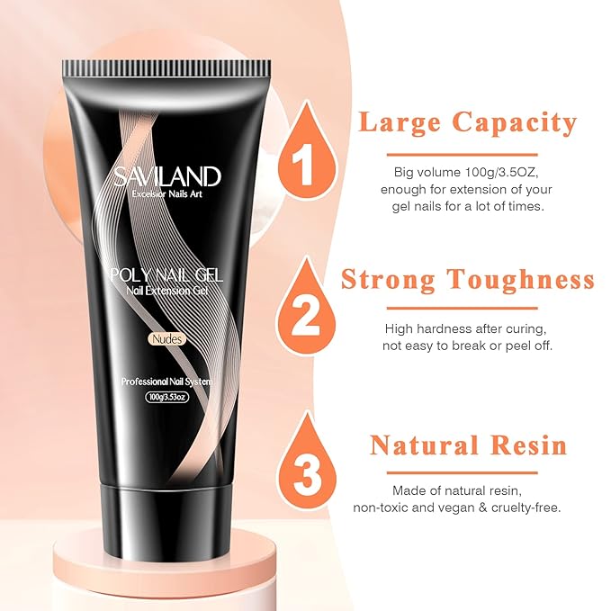 SAVILAND 100ML Poly Nail Extension Gel: Larger Capacity Poly Gel at-Home Easiest Hard Nails Gel Nudes for Starter Long-Lasting Poly Nail Gel Beginner No Lifting Super Durable Gift for Girls