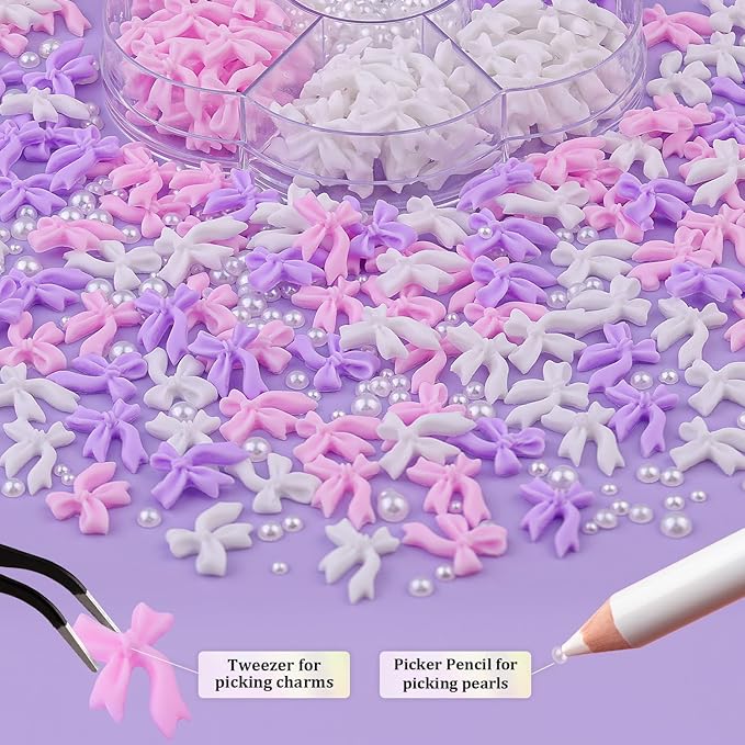 Cute Bow Charms and Flatback Pearls Set - 10, 120 Pcs Pink, White, Lilac Bow Charms + 2-4mm White Nail Pearls with Pickup Tweezer and Pencil for Nail Art Decoration