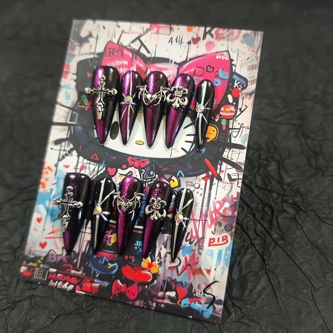 Handmade Press On Nails 10Pcs Dark Gothic Style Manual Growth Ring Fake Nails for Women Party Holiday Photo 3.2CM Size L