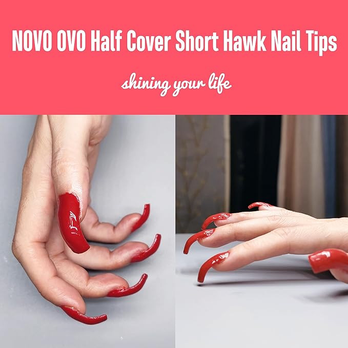 NOVO OVO Halloween 500 pcs Hawk Curved Transparent Clear Cystal Extra Super Extreme Deep Curve Half Cover Short Square Tapered Eagle Claw False Nail Extension Tips Acrylic Nail 10 Sizes Bag Packaging