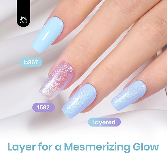 Beetles Gel Nail Polish Set - 2 Colors 15ml Baby Blue Sheer Glitter Purple Soak Off UV Light Blue Gel Polish Set Ethereal Dreams Nail Art Kit DIY Home