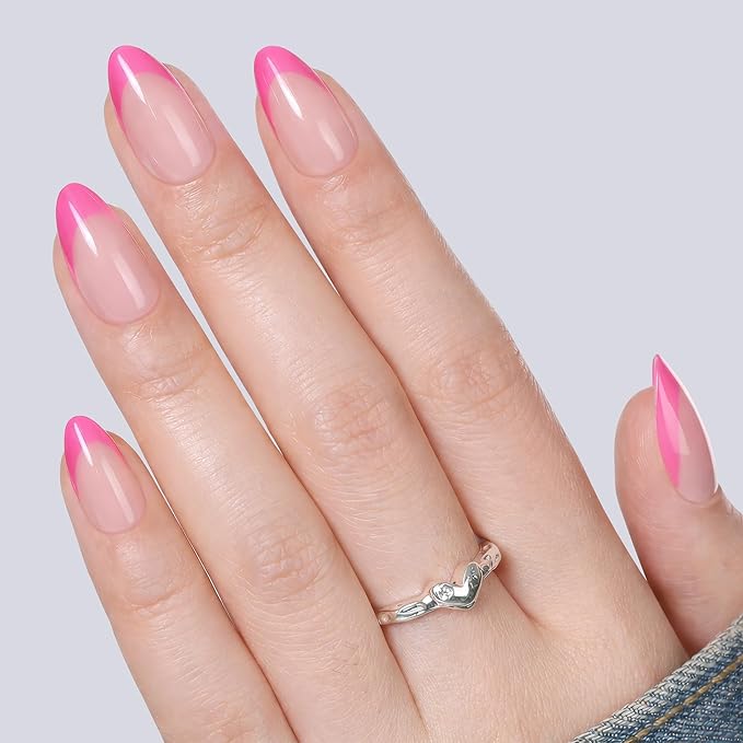 UNA GELLA 32Pcs Soft Gel Press on Nails - 16 Sizes Hot Pink French Tip Almond Glue on Nails, Reusable Neon Pink False Nails, Full Cover Acrylic Nail Kit for Women DIY Home Manicure