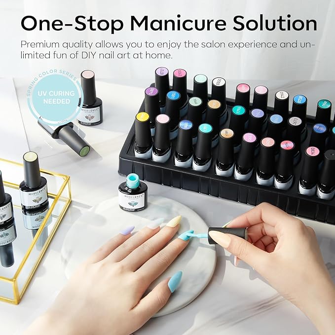 Modelones 24Pcs Gel Nail Polish Set, 20 Colors Pastel Gel Polish Set Macaron Colors with Glitter & Glossy & Matte Top + Base Coat Soak Off LED Nail Art Kit Salon at Home