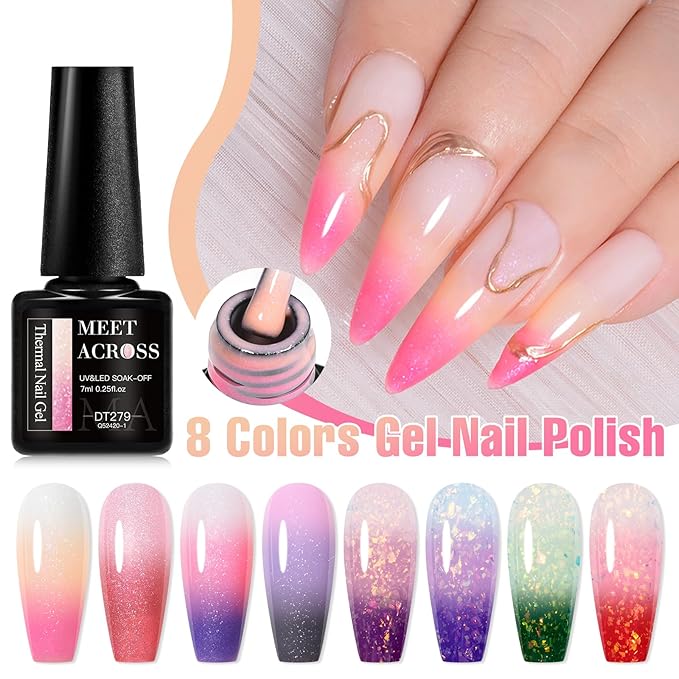 MEET ACROSS 8 Colors Color Changing Gel Nail Polish Set Glitter Pink Purple Temperature Mood Changed Gel Polish Kit Soak Off UV/LED Nail Art Manicure Gifts for Women Girls