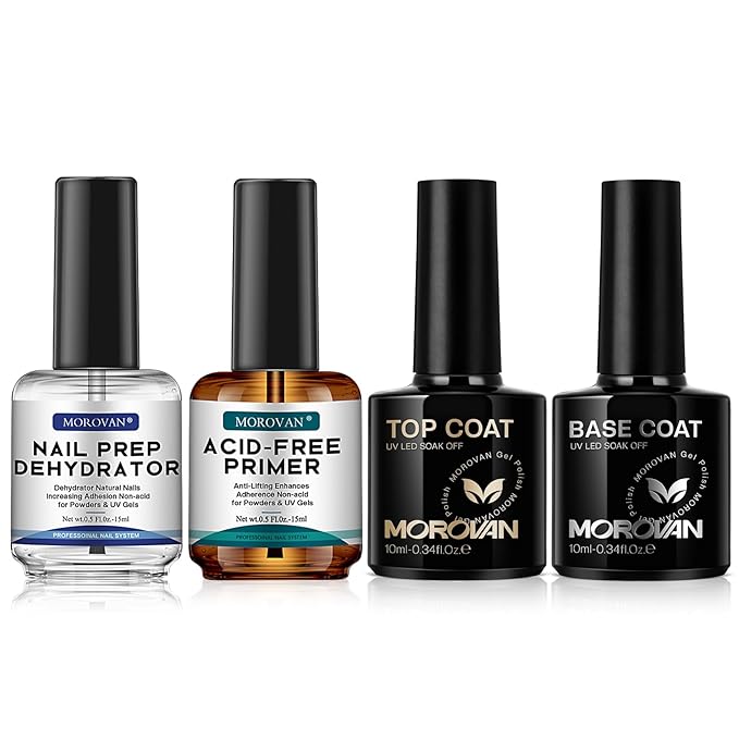 Morovan Nail Dehydrator and Primer with Gel Base & Top Coat Set 4PCS Professional Fast Dry Acid Free Supplies Primer for Acrylic & Gel Nail Polish Gifts