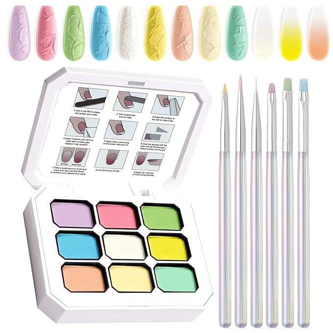 Gradient Gel Nail Set, 9 Bright Colors Ombre Gel Nail Polish with 6 Aurora Multi-Purpose Brushes for Pigment Pat Nails French Manicure Nail DIY Painting Soak Off UV N Easter Eggs