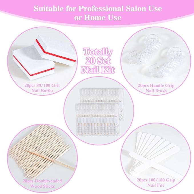 20 Sets Disposable Manicure Kit Basics 4 Piece Nail Kit for Travel,Handle Grip Brush,Mini Nail Buffer Nail File and Wood Stick for Gifts Salon Home Professional(20 Set -White)