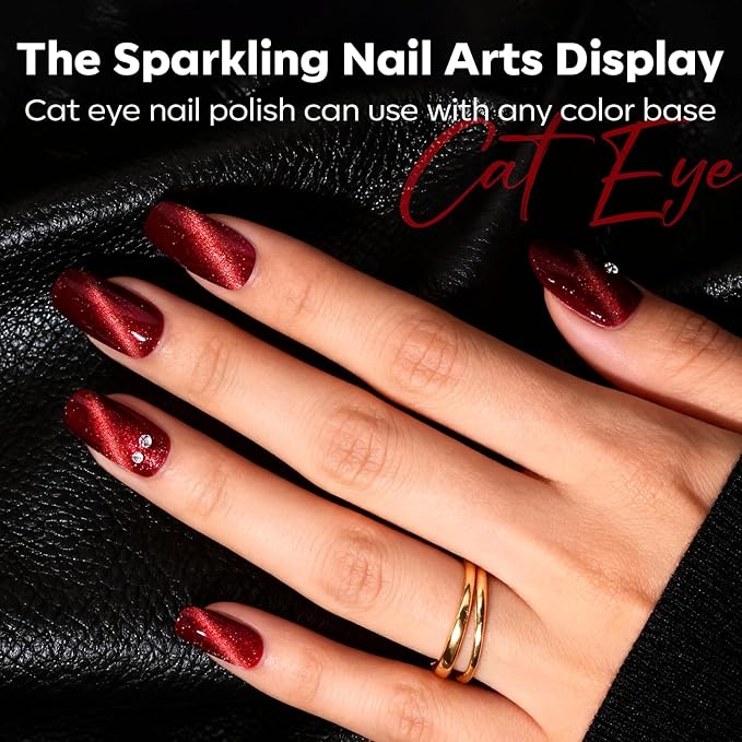 modelones Red Nail Polish Set, 6 Colors Valentines Cat Eye Dark Ruby Cherry Glitter Mini Quick Dry Nail Lacquer Kit, Magnetic Sparkle DIY Nail Art Manicure Gift for Women Girls